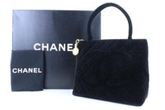Chanel Medallion 220732 Black Quilted Velour Tote