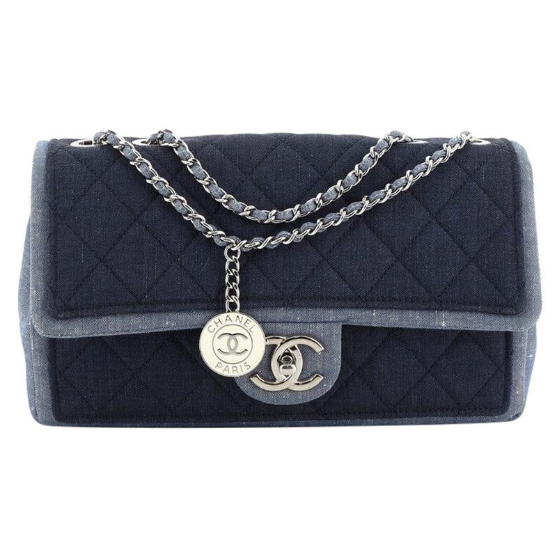 Chanel Blue Quilted Denim Trip Express Large Bowling Bag Gold