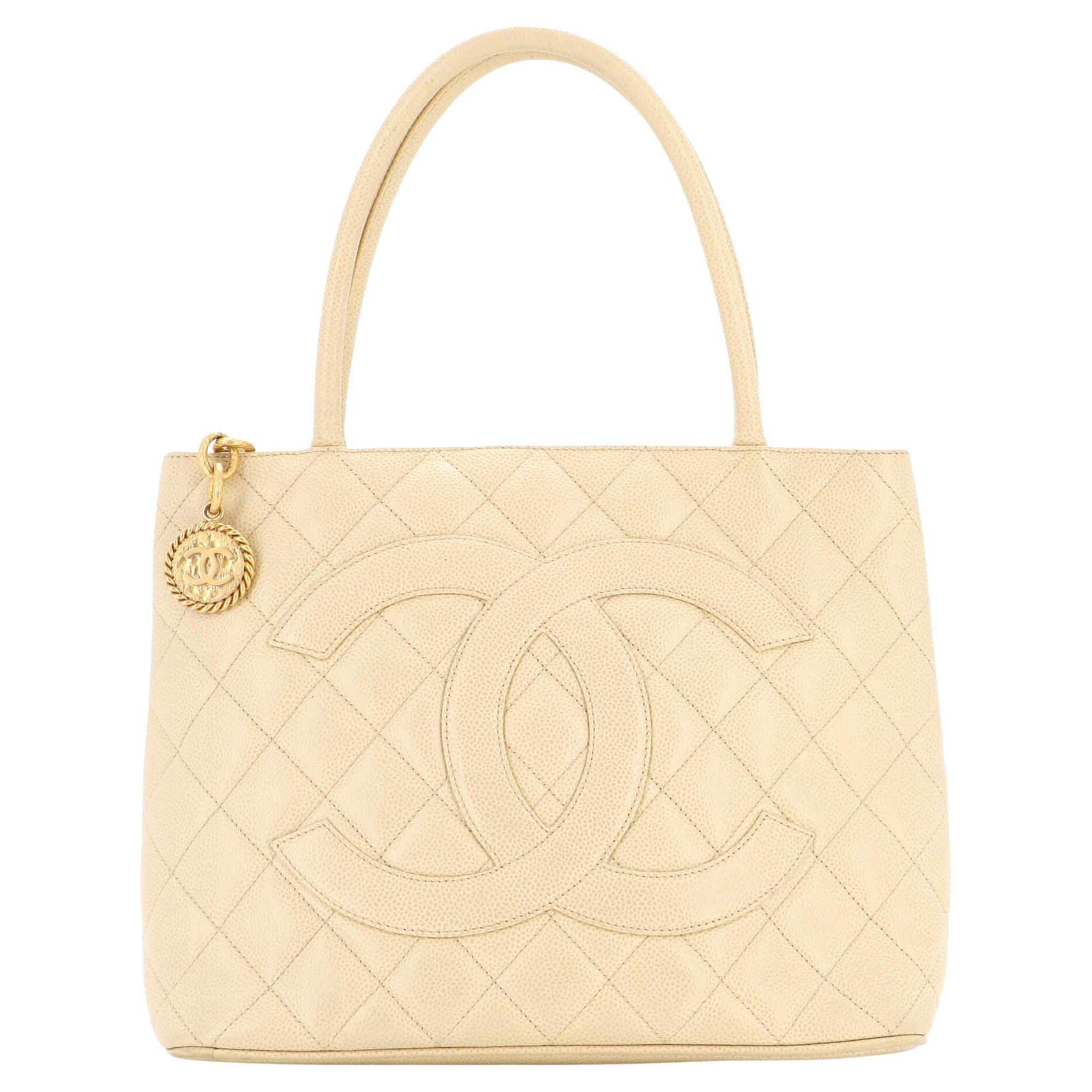 Chanel Vintage Medallion CC White Caviar Tote Bag Gold Hardware