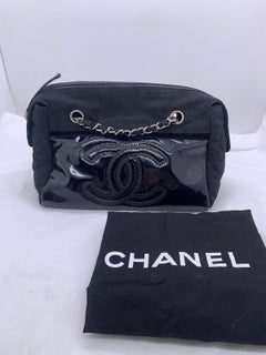 CHANEL Medium Black Canvas Patent Leather Silver Hardware Casual Bag