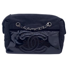 CHANEL Medium Black Canvas Patent Leather Silver Hardware Casual Bag
