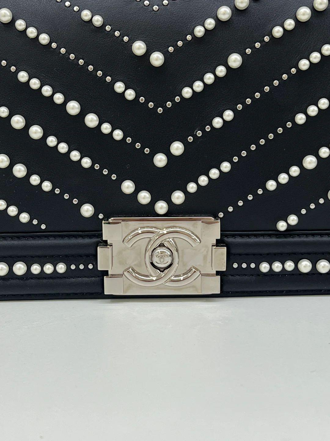 Chanel Medium Boy Bag - Black with Pearl Detail 5