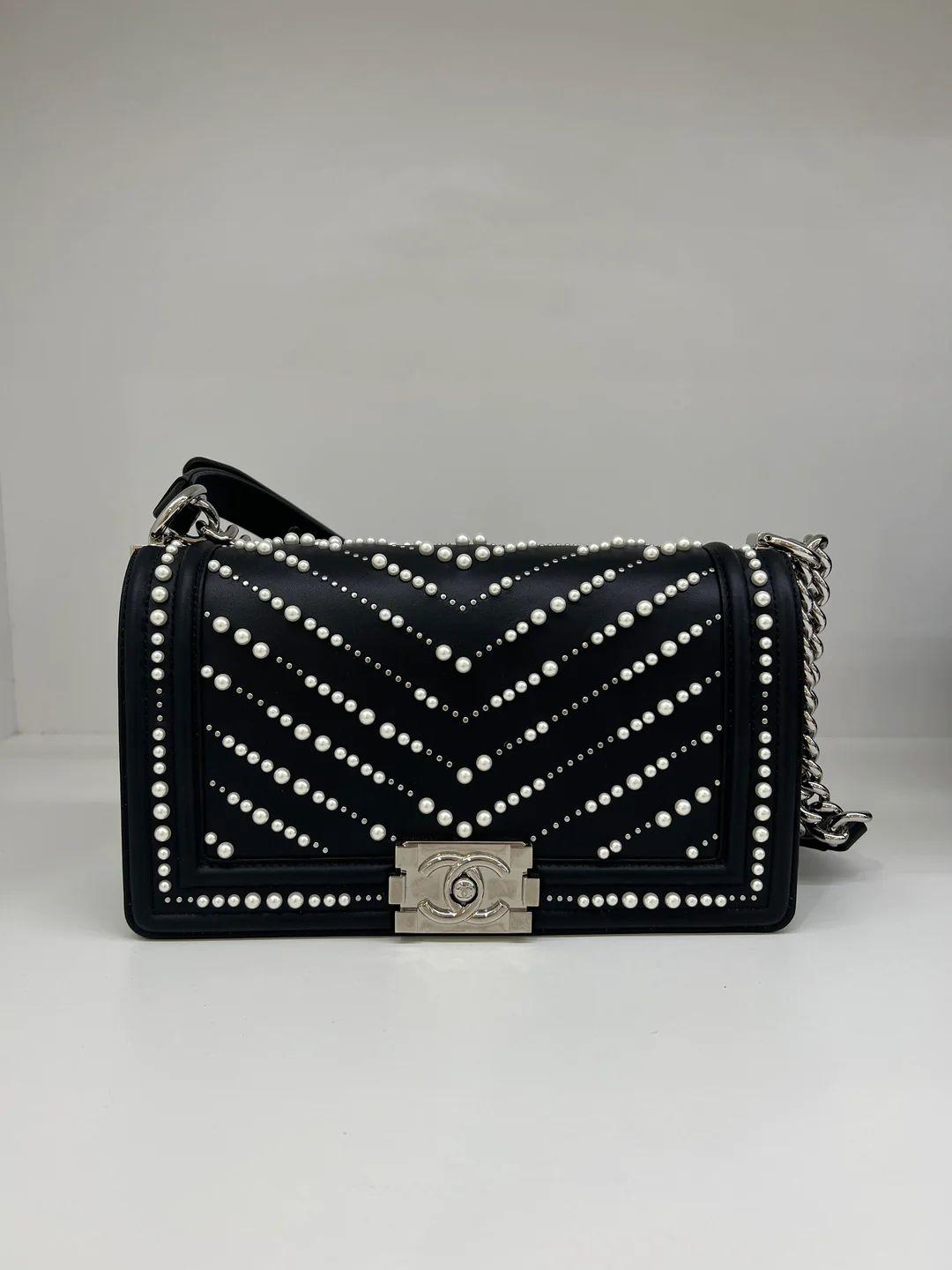 Chanel Medium Boy Bag - Black with Pearl Detail 6