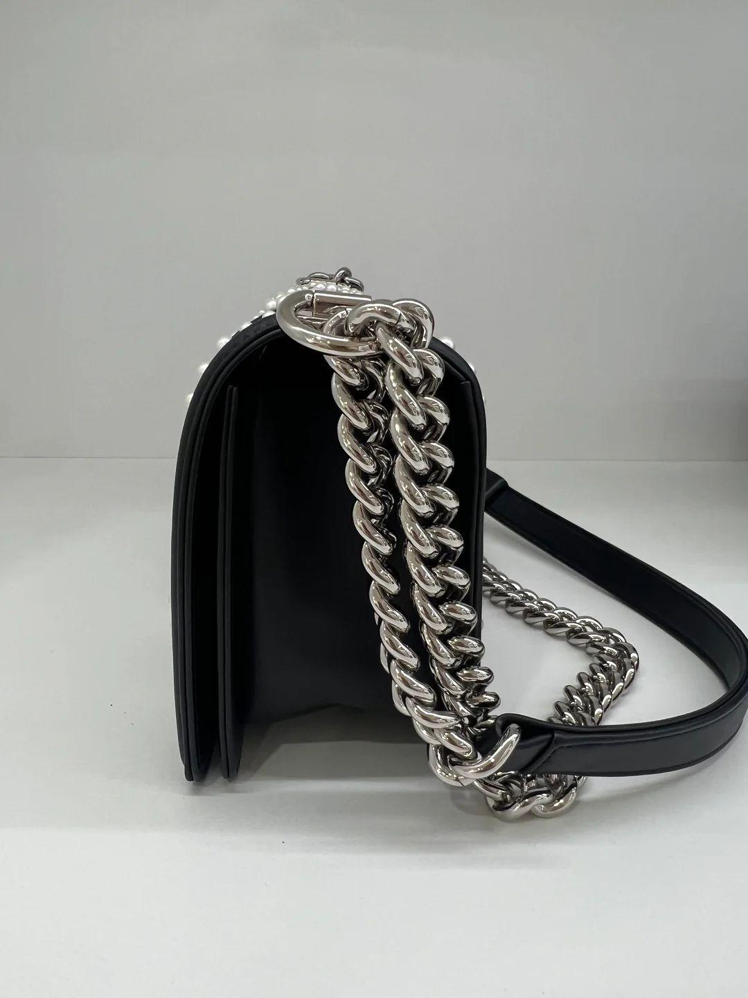 Chanel Medium Boy Bag - Black with Pearl Detail 7