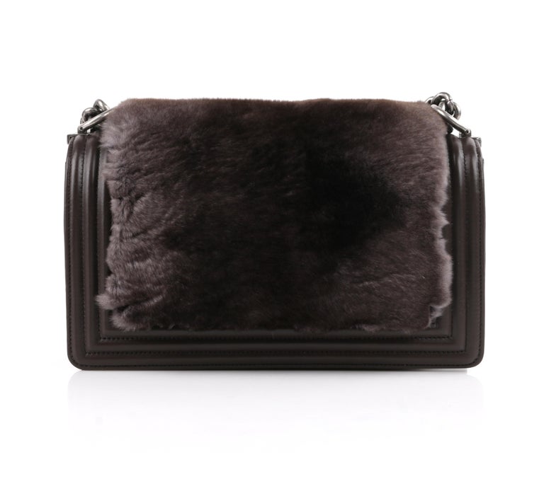 CHANEL Medium Boy Brown Leather Sheared Rabbit Fur Flap Bag