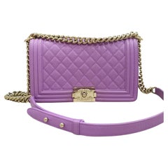  Chanel Medium Boy Flap Quilted Caviar Purple Leather Shoulder Bag 