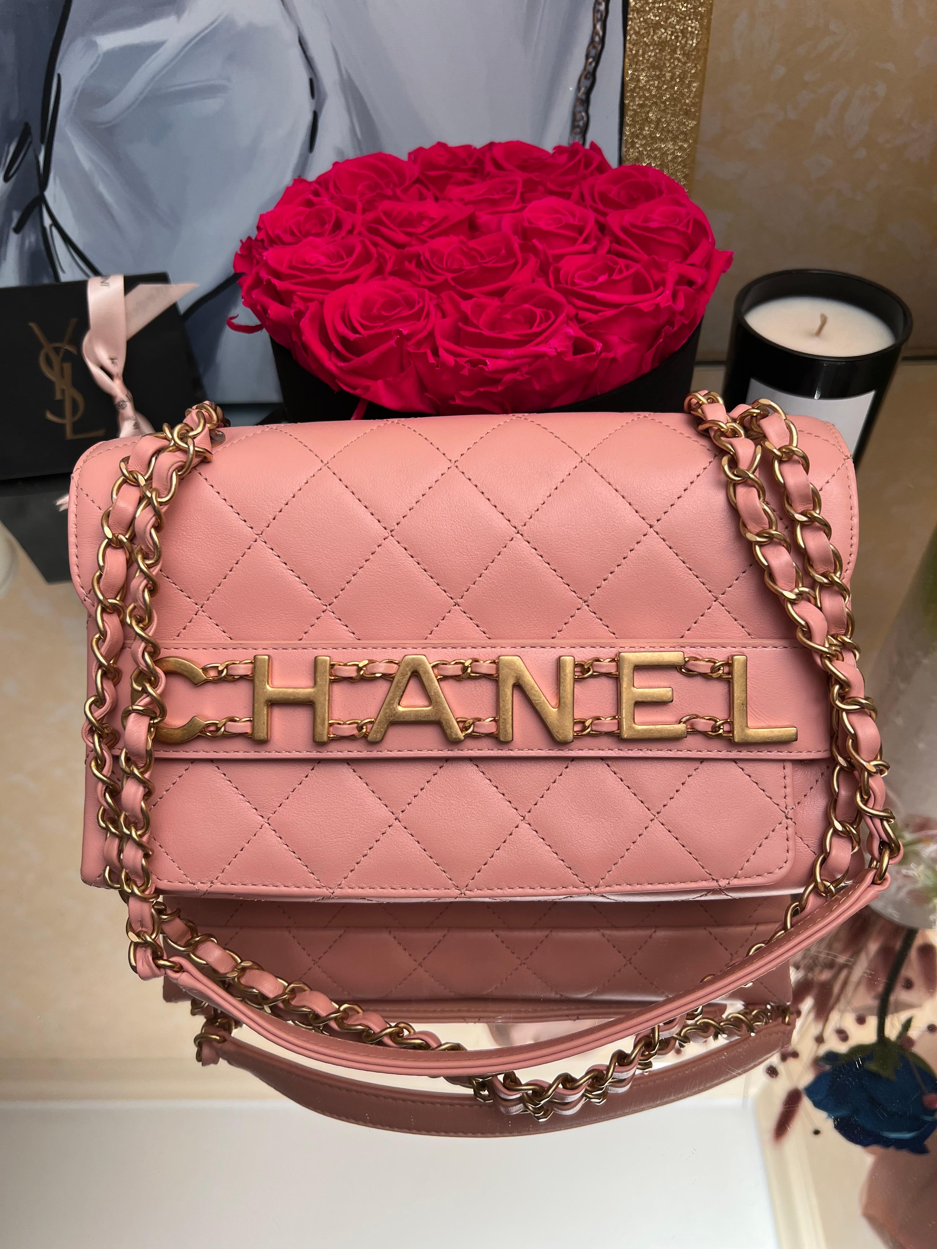 Chanel medium calfskin quilted enchained flap pink bag For Sale 8