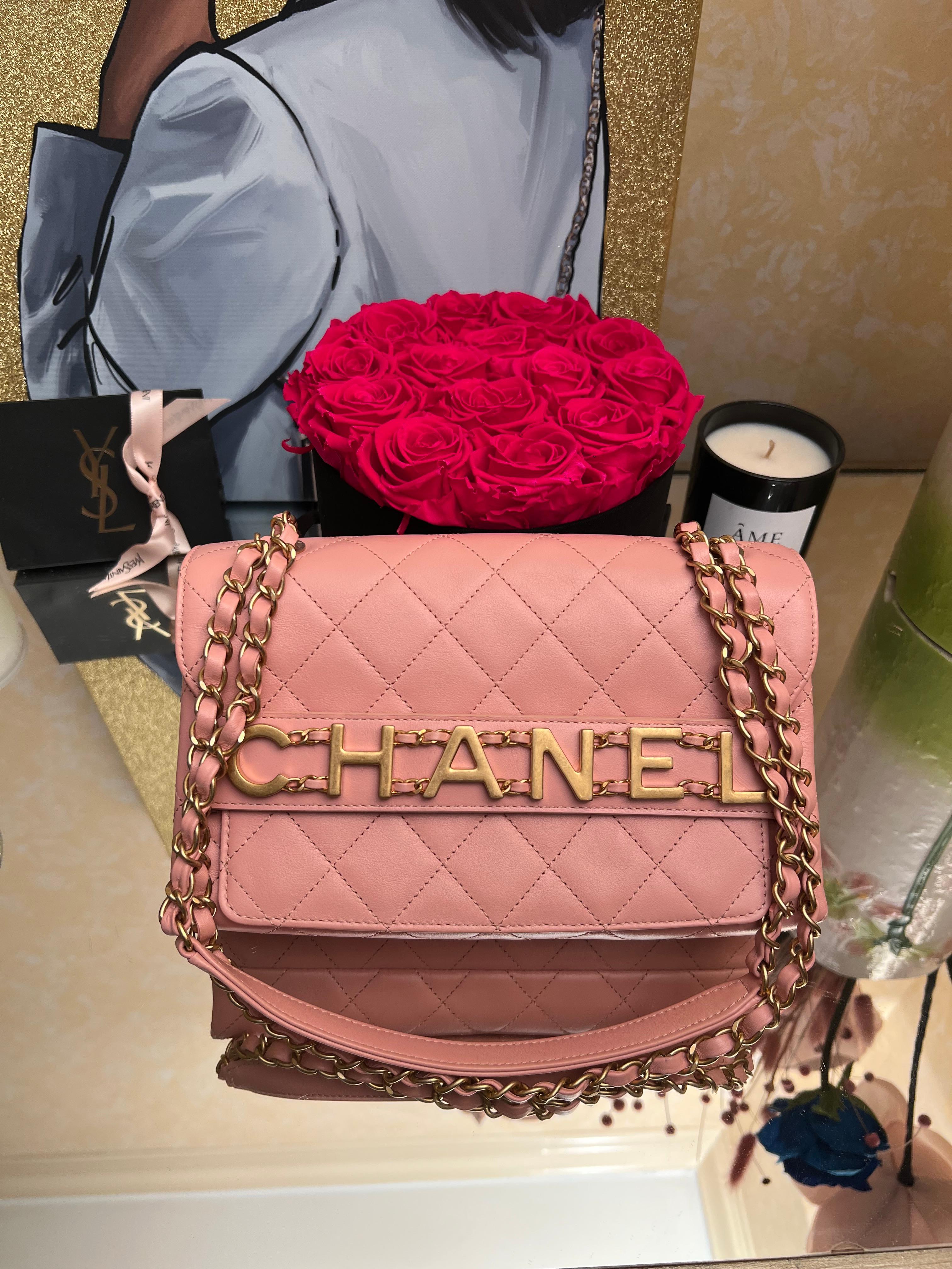 Chanel medium calfskin quilted enchained flap pink bag.
Bag is in mint/ new condition. Bag comes with dust bag and Authenticity card.