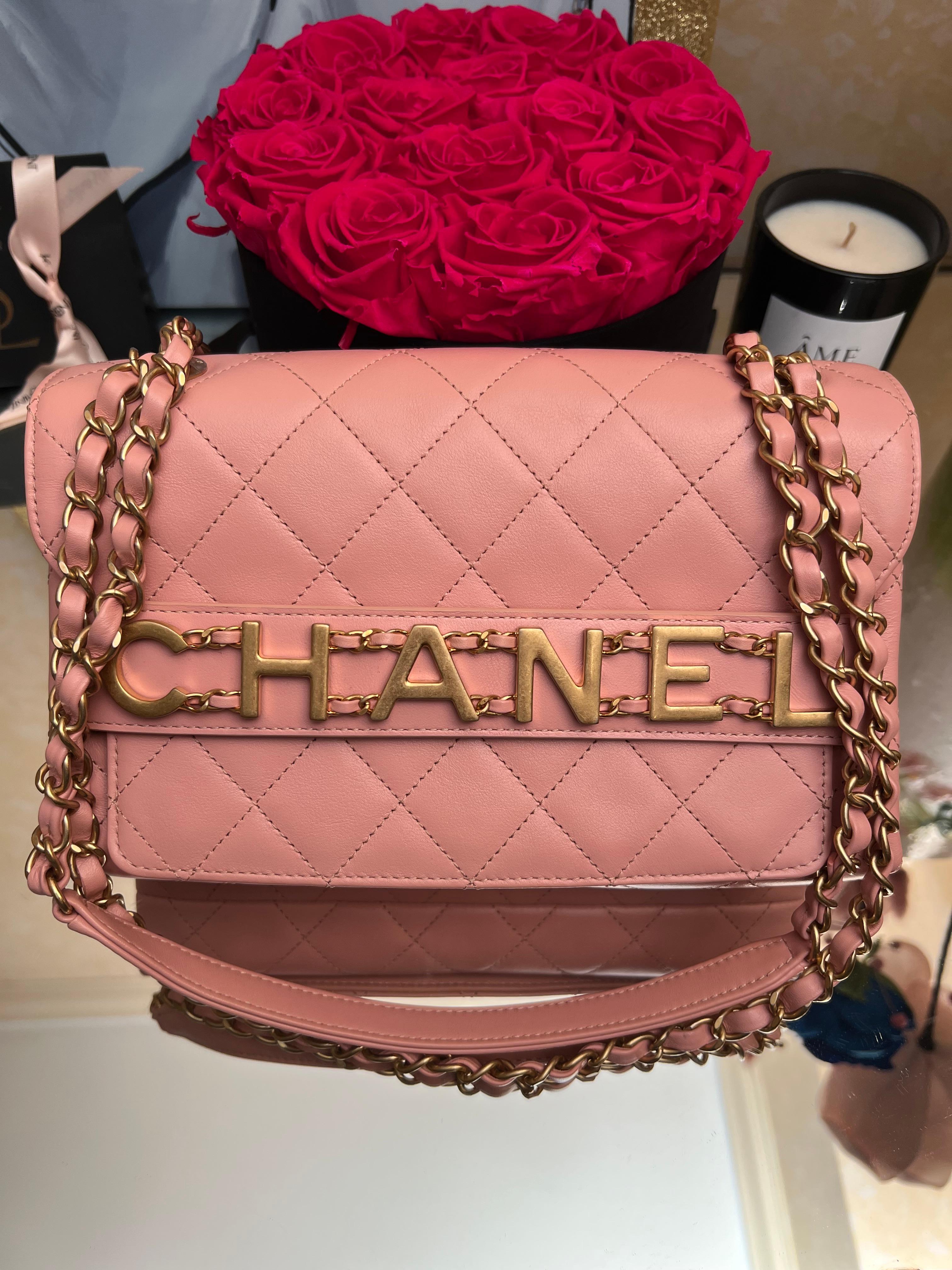 Pink Chanel medium calfskin quilted enchained flap pink bag For Sale