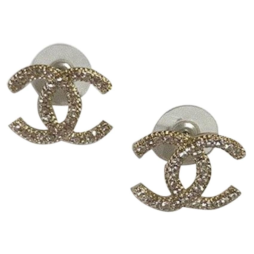 Chanel Medium CC Logo Gold-toned And Rhinestones Earrings