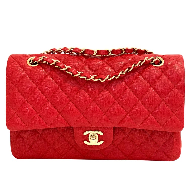 Chanel Medium Classic Caviar Double Flap Red Gold Hardware New 19B at  1stDibs | chanel 19b red, chanel 19b red flap, chanel 19b