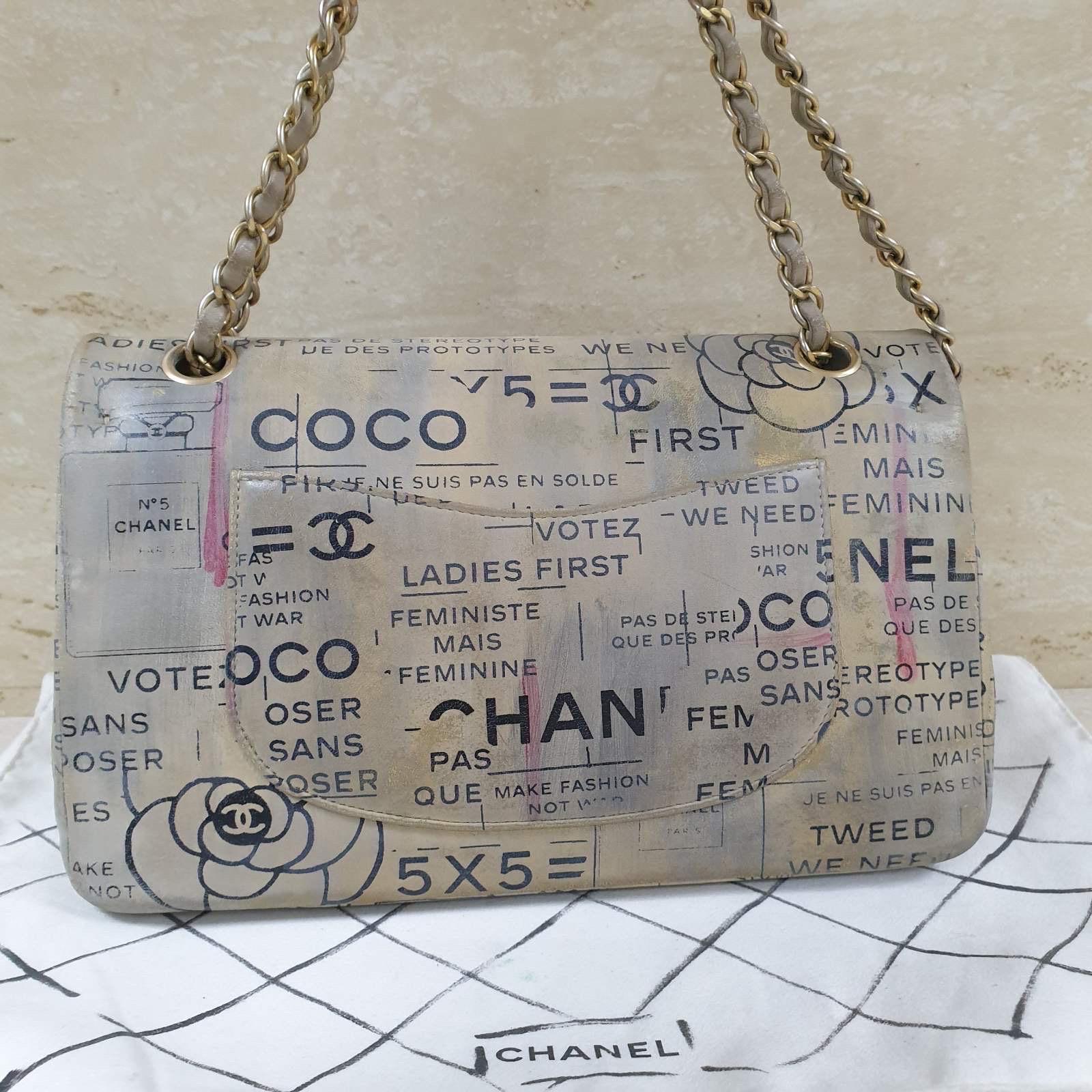 Chanel Medium Classic Doubl Flap Graffiti  Newspaper Shoulder Bag For Sale 1
