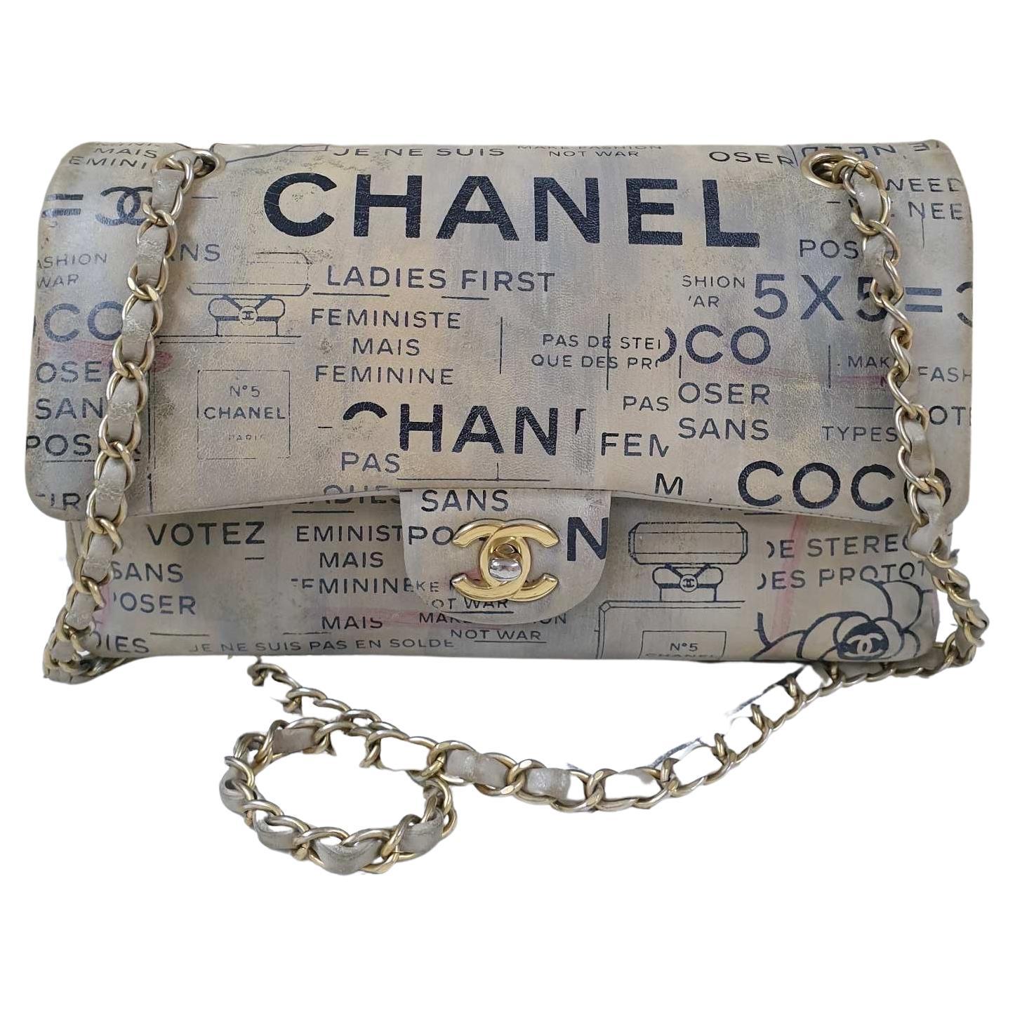 Chanel Medium Classic Doubl Flap Graffiti Newspaper Shoulder Bag