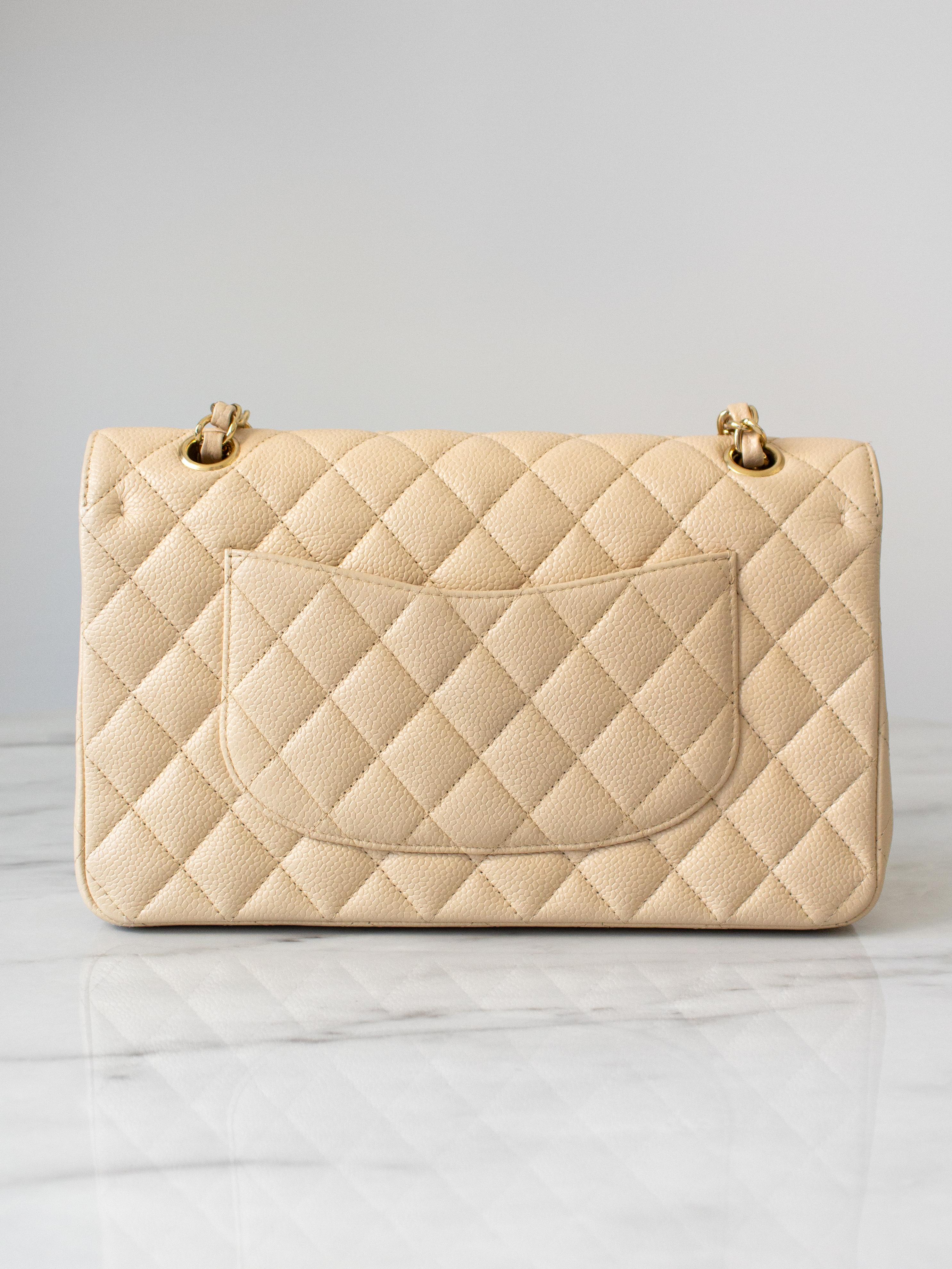 Women's Chanel Medium Classic Double Flap Beige Clair Caviar Leather Gold GHW 2010 Bag For Sale