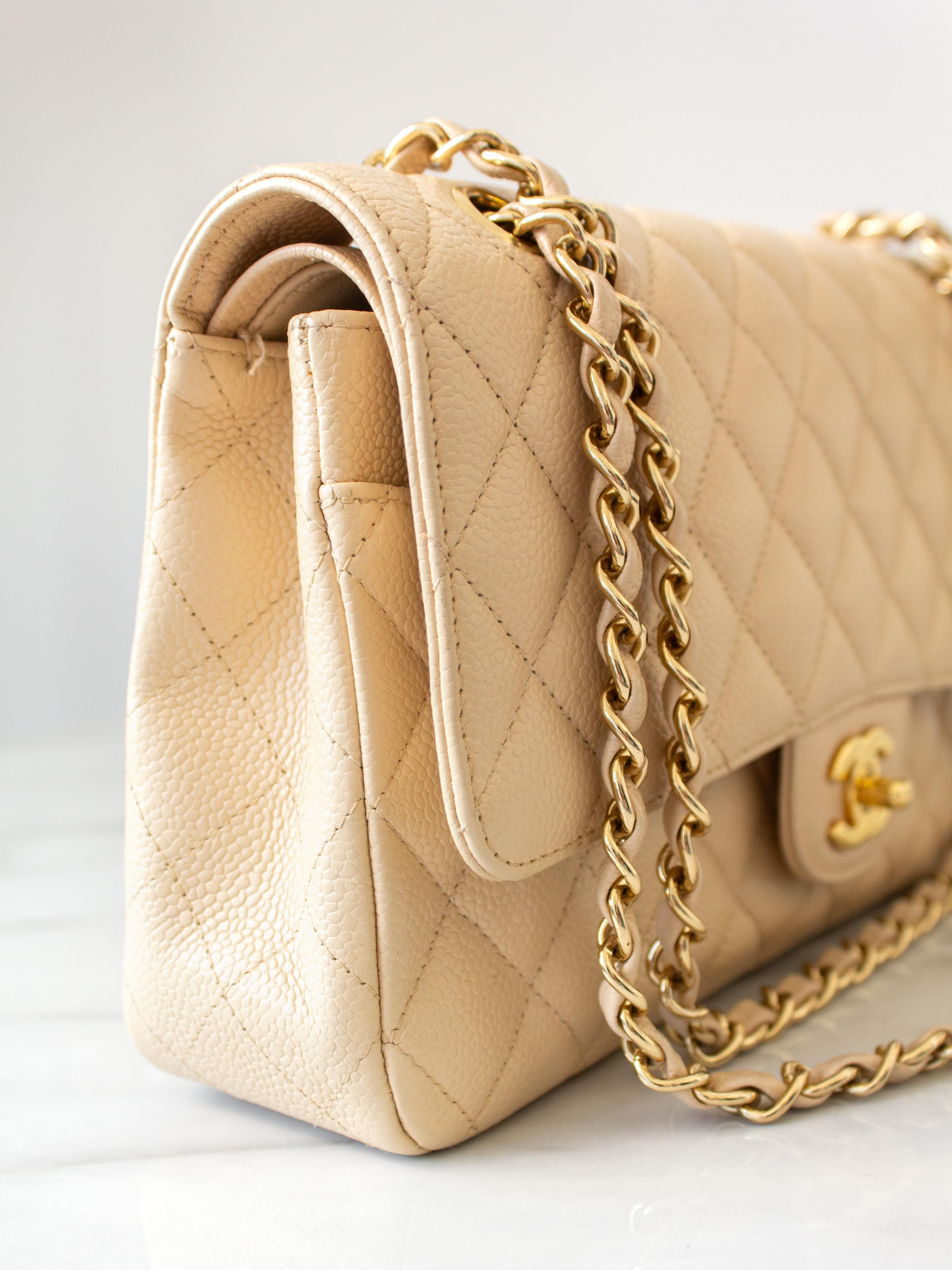 Chanel Medium Classic Double Flap Beige Clair Caviar Leather Gold GHW 2010 Bag For Sale 4