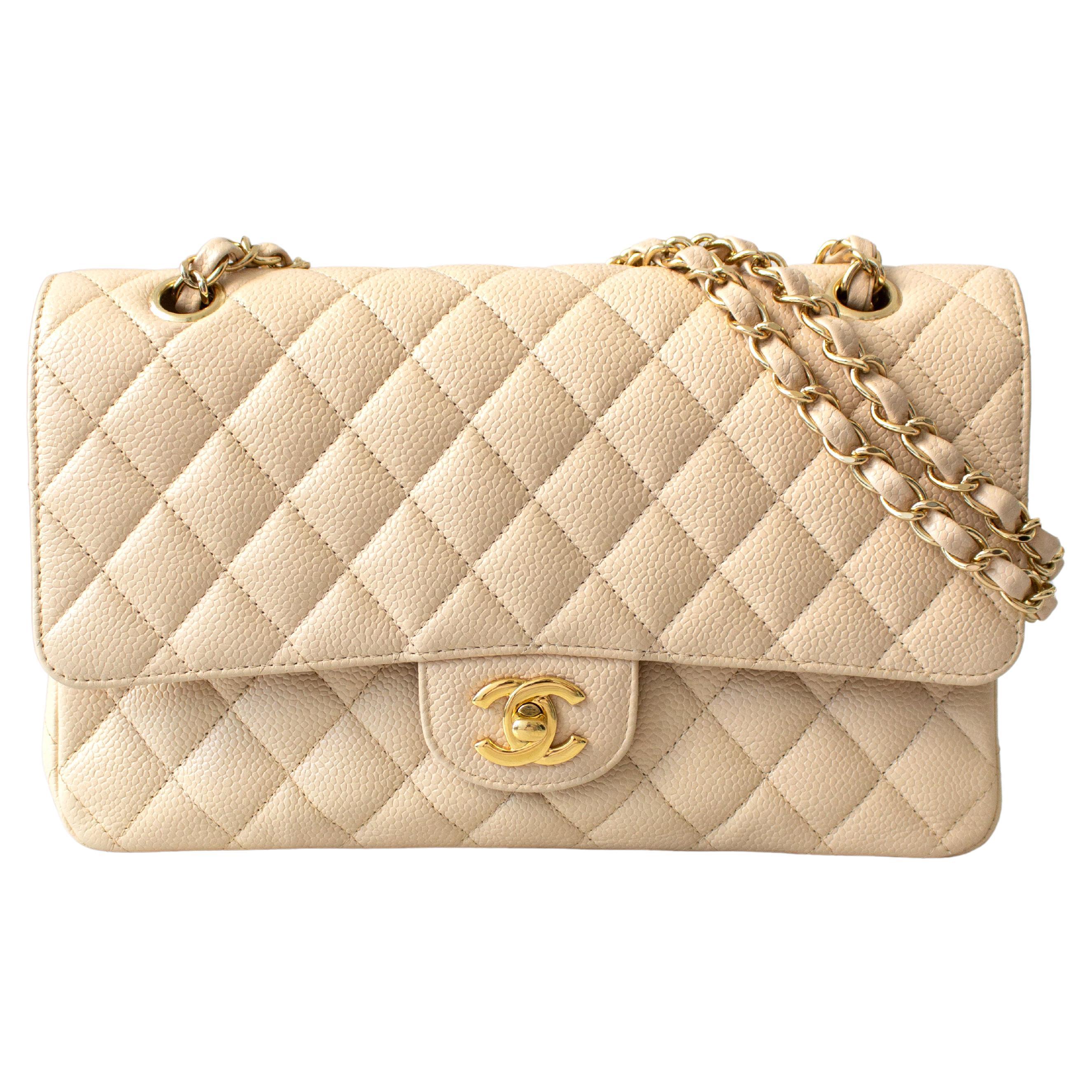 Chanel Medium Classic Double Flap Beige Clair Caviar Leather Gold GHW 2010 Bag For Sale