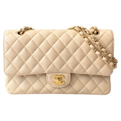 Used Chanel Medium Classic Double Flap Beige Clair Caviar Leather Gold GHW 2010 Bag
