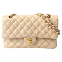 Retro Chanel Medium Classic Double Flap Beige Clair Caviar Leather Gold GHW 2010 Bag