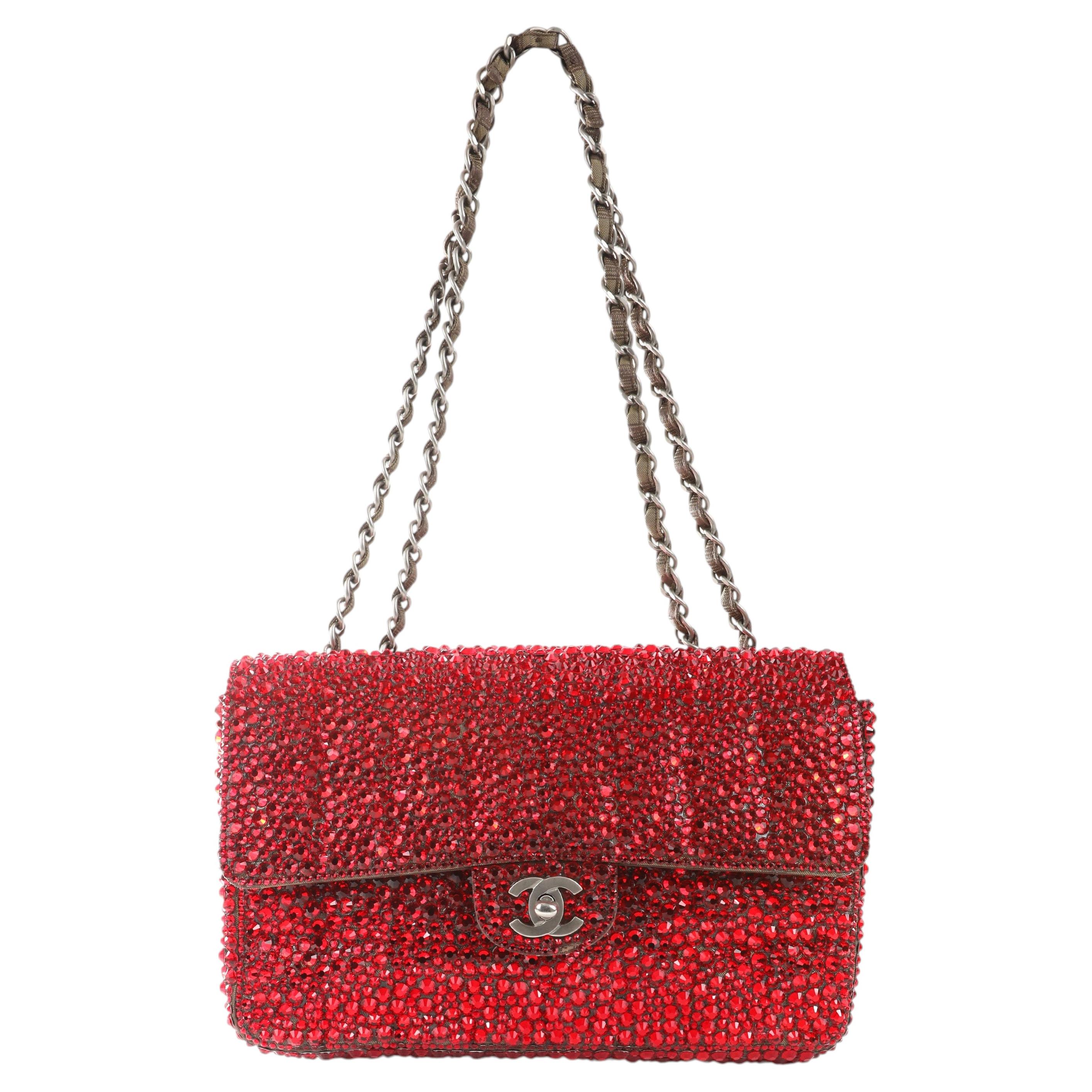Chanel Classic Single Flap Med w/Ruby Swarovski Crystals and Silver Hardware For Sale