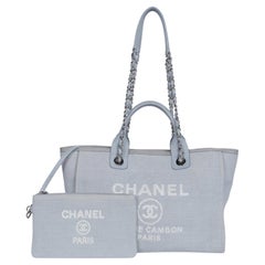 Used Chanel Medium Deauville Shoulder Bag Tote Baby Blue
