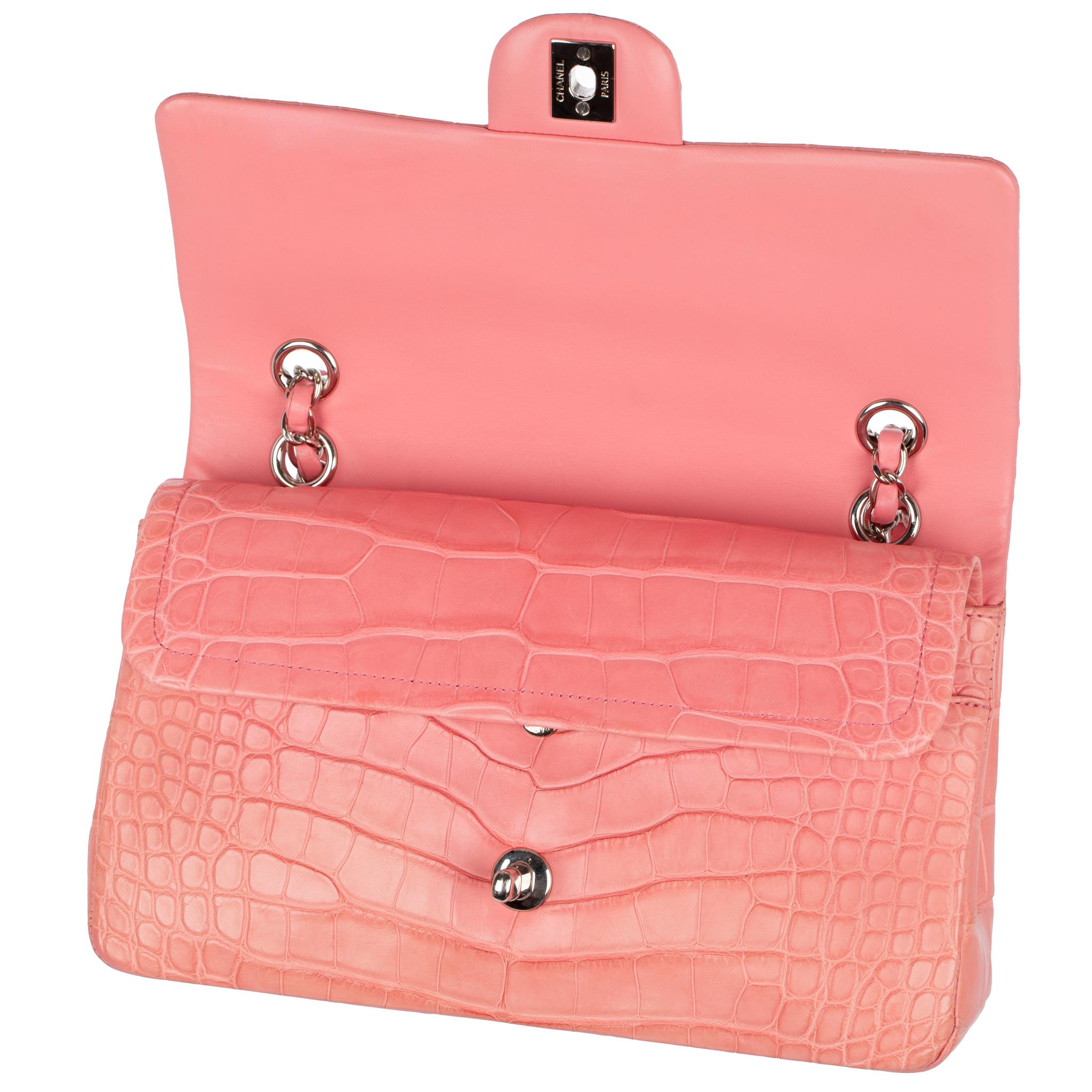 Chanel Medium Double Classic Flap Bag Coral Pink Matte Crocodile Leather Silver  For Sale 5