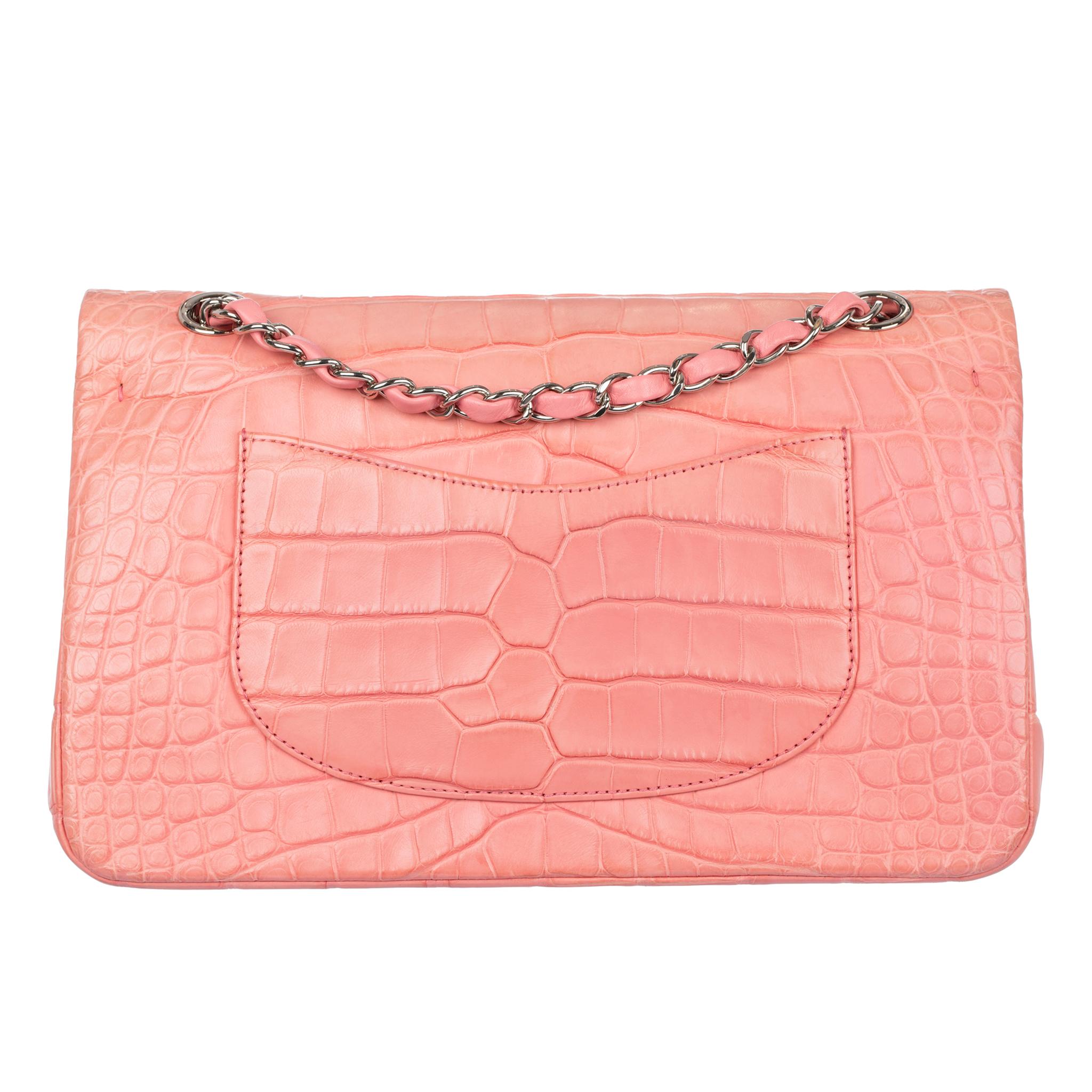 Chanel Medium Double Classic Flap Bag Coral Pink Matte Crocodile Leather Silver  In Excellent Condition For Sale In Sydney, New South Wales