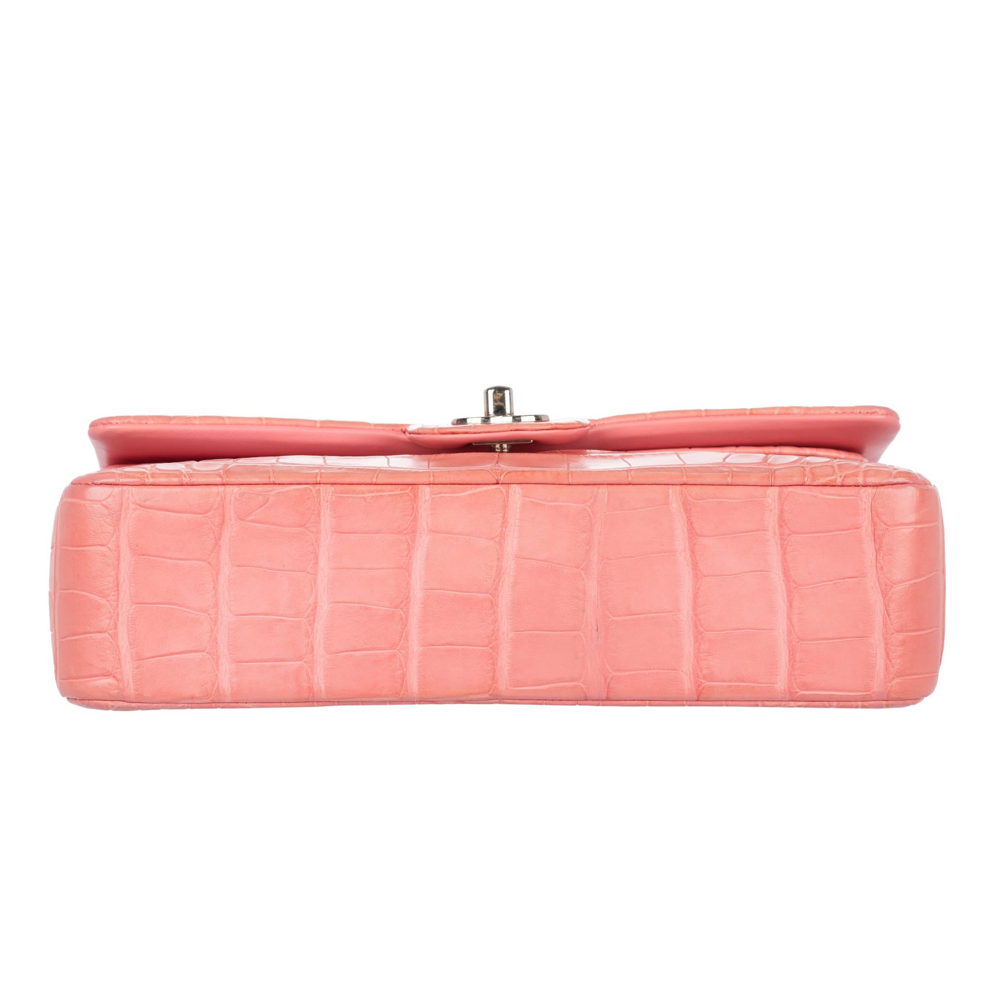 Women's or Men's Chanel Medium Double Classic Flap Bag Coral Pink Matte Crocodile Leather Silver  For Sale