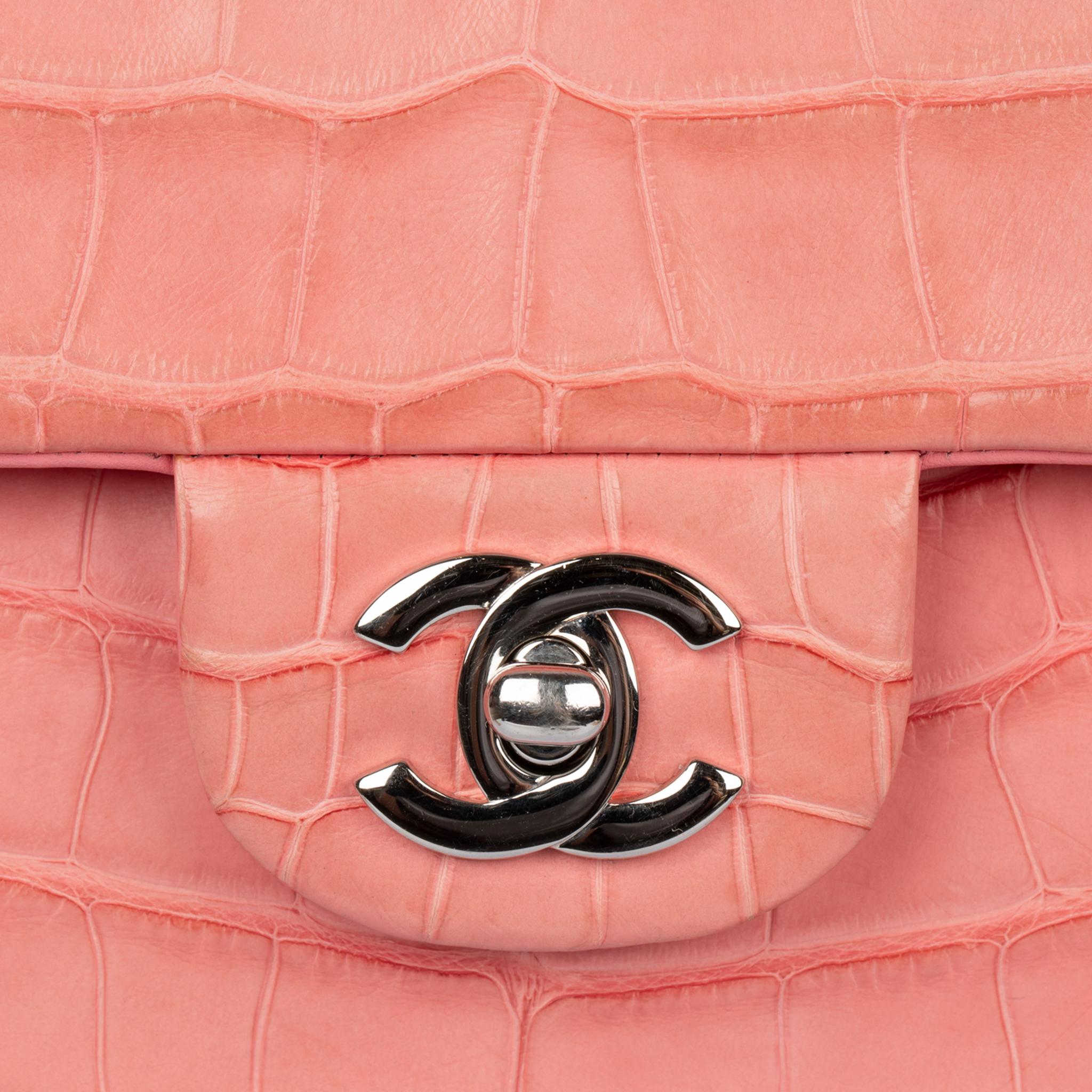 Chanel Medium Double Classic Flap Bag Coral Pink Matte Crocodile Leather Silver  For Sale 1