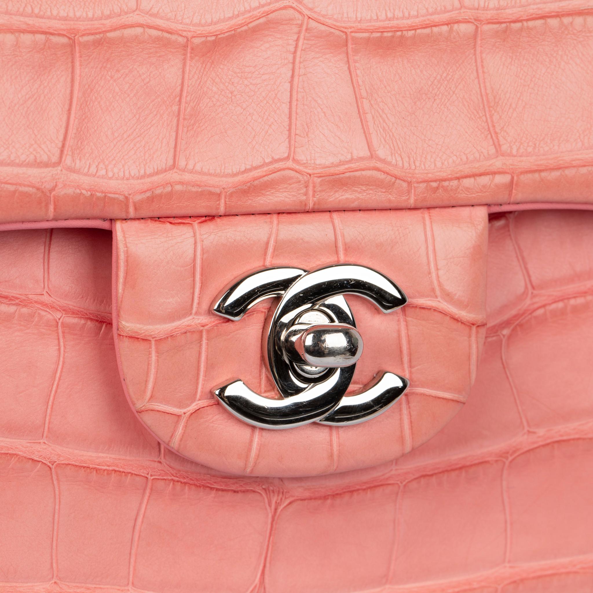 Chanel Medium Double Classic Flap Bag Coral Pink Matte Crocodile Leather Silver  For Sale 2