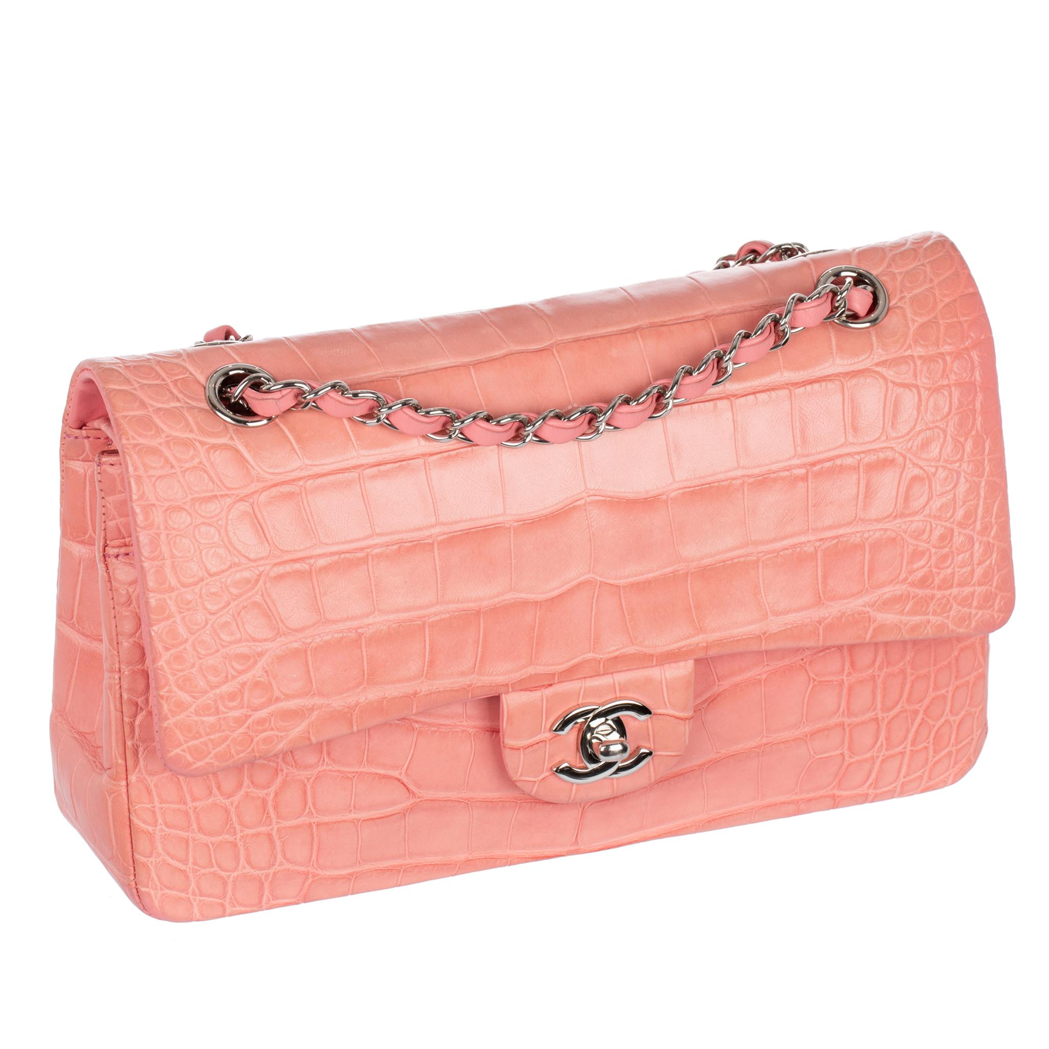 Chanel Medium Double Classic Flap Bag Coral Pink Matte Crocodile Leather Silver  For Sale 3