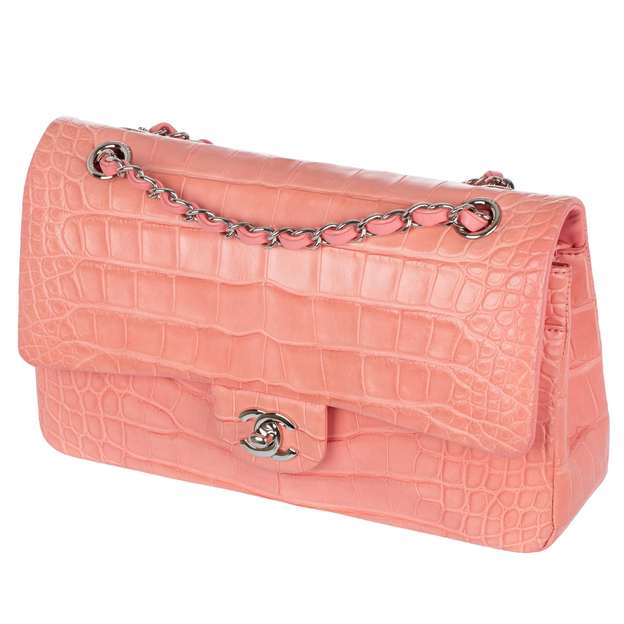 Chanel Medium Double Classic Flap Bag Coral Pink Matte Crocodile Leather Silver  For Sale 4