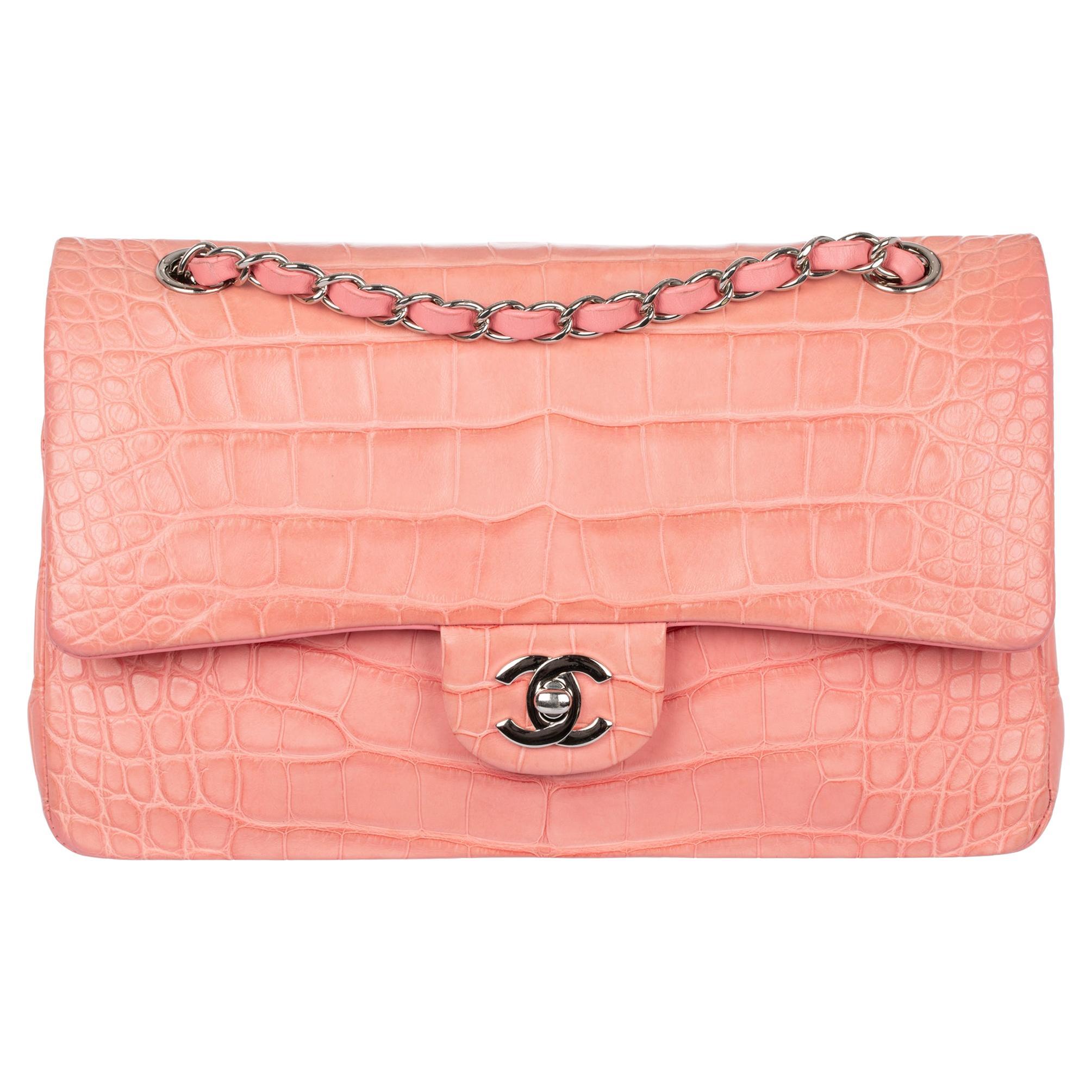 Chanel Medium Double Classic Flap Bag Coral Pink Matte Crocodile Leather Silver