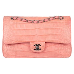 Used Chanel Medium Double Classic Flap Bag Coral Pink Matte Crocodile Leather Silver 