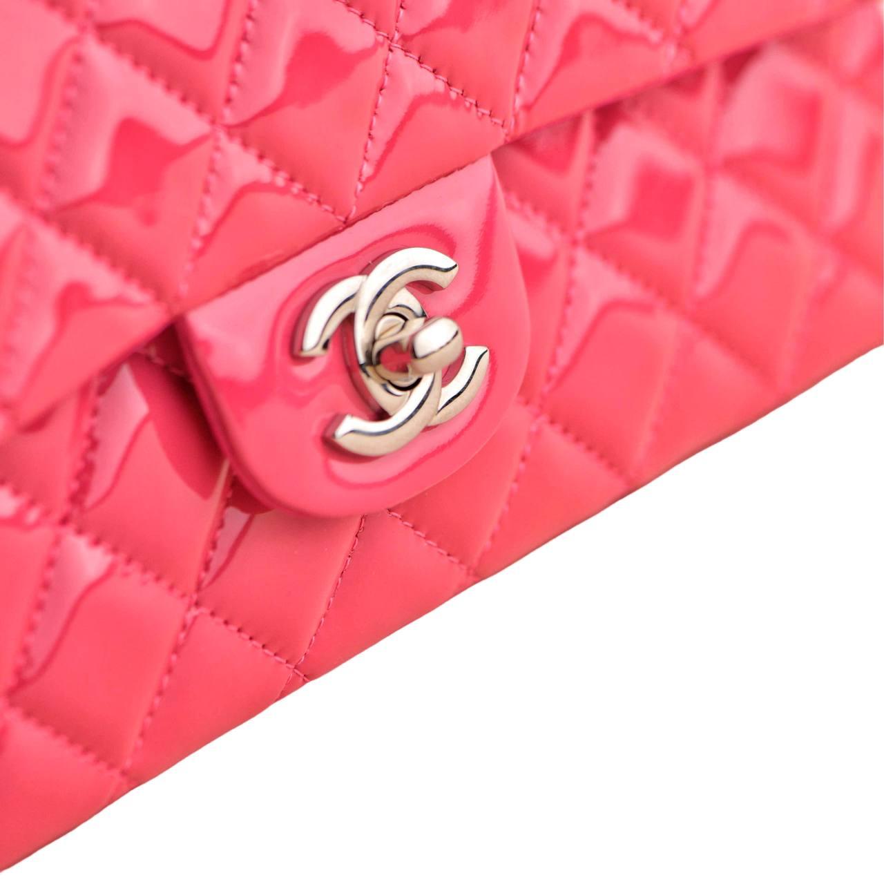 Chanel Medium Double Classic Flap Pink Quilted Patent Lambskin Bag In Excellent Condition In Banbury, GB