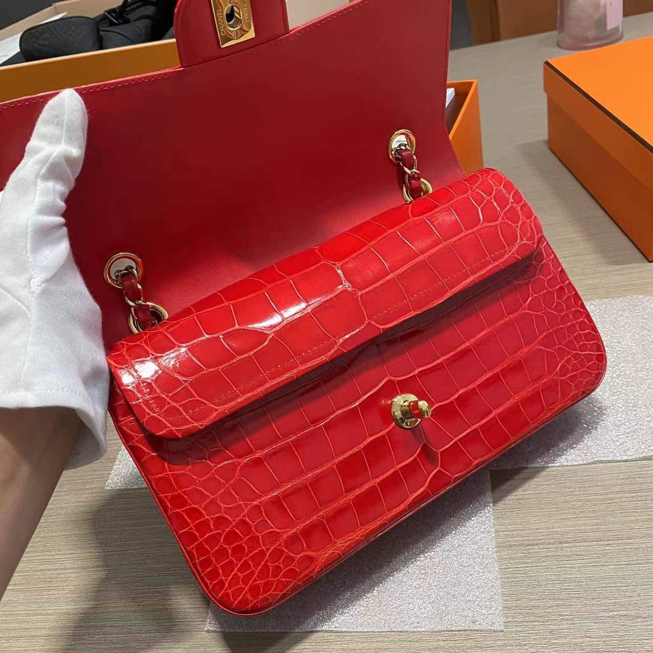 Chanel Medium Double Flap bag in shiny red alligator with gold hardware  For Sale 6