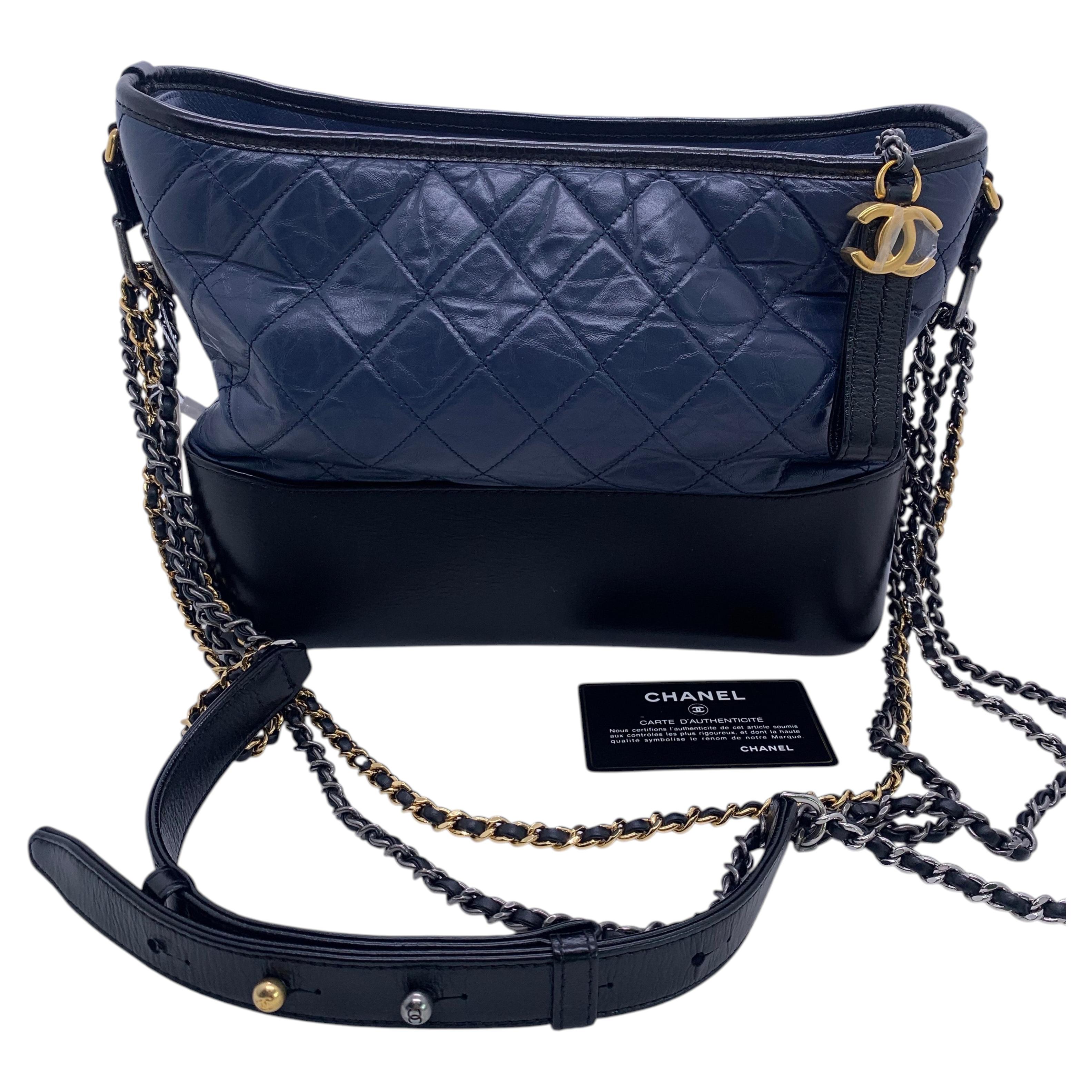 Chanel Medium Gabrielle Hobo Bag Navy Blue Black Aged Calfskin
