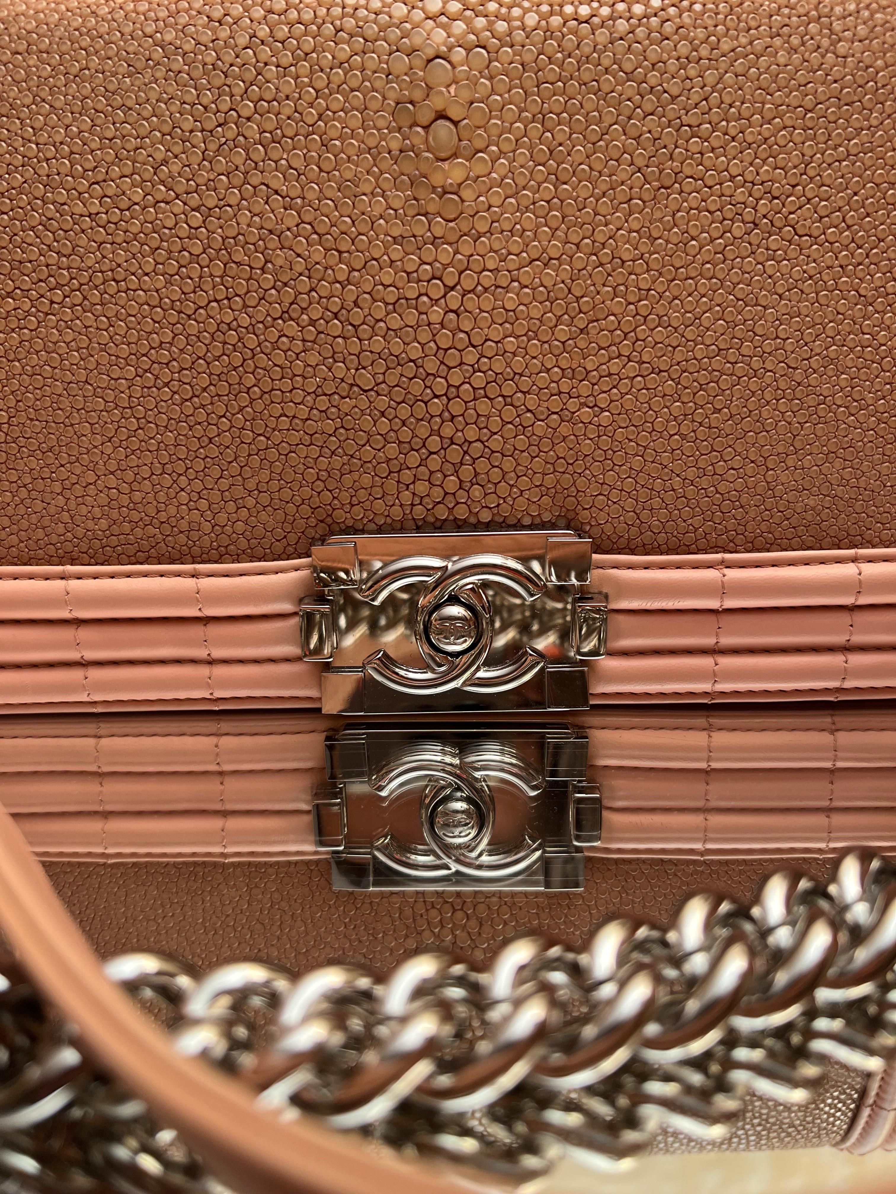 Chanel Medium Peach Galuchat Boy Bag. Bag comes as is.. Pre owned /good condition. Has some minor wear on the corners and had a spa.