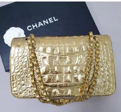 Chanel Medium Gold Croco Embossed Double Flap Shoulder Bag