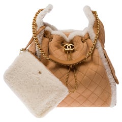 Chanel Medium Hobo Bag Beige Suede & White Shearling