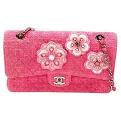Chanel Medium Pink Tweed Crystal and Silicone Sakura Flower Flap Bag Silver HW