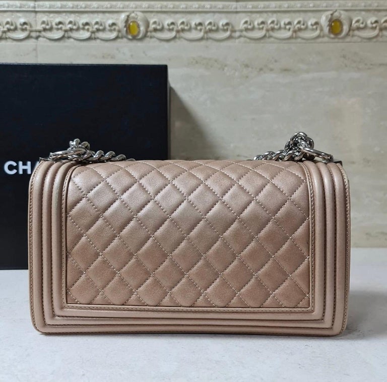 Chanel Medium Quilted Iridescent Pearly Rose Gold Calfskin Boy Bag at ...