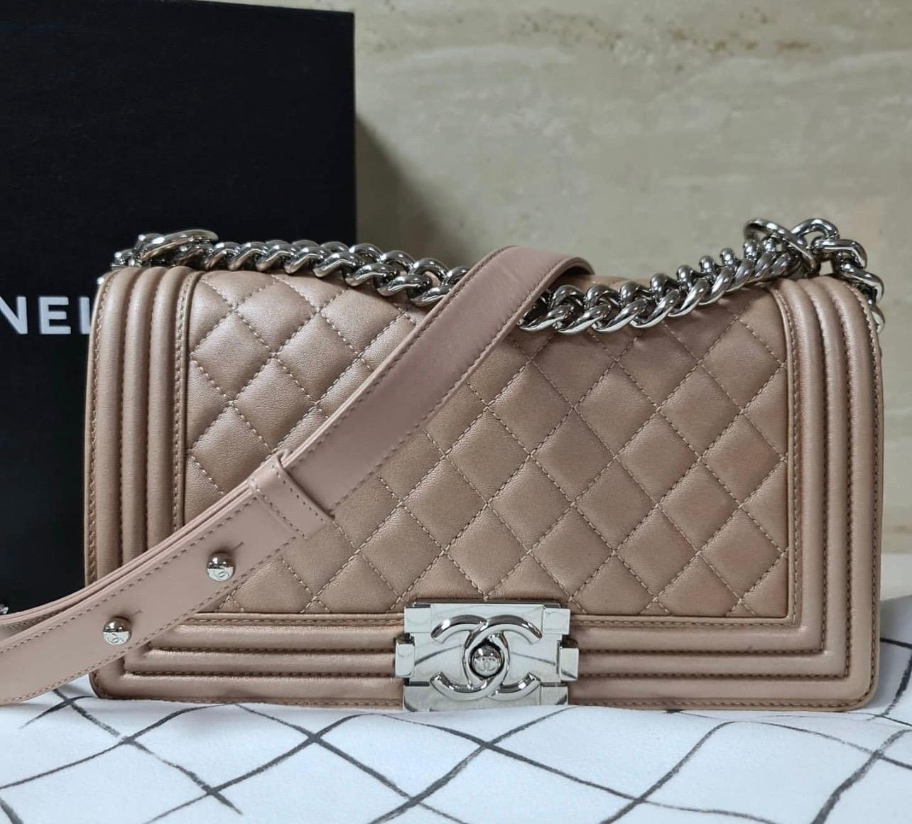 Women's Chanel Medium Quilted Iridescent Pearly Rose Gold Calfskin Boy Bag
