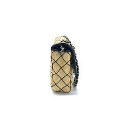 Chanel Medium Straw Wicker Flap Bag Black Diamond Wild Stitch