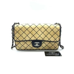 Chanel Medium Straw Wicker Flap Bag Black Diamond Wild Stitch