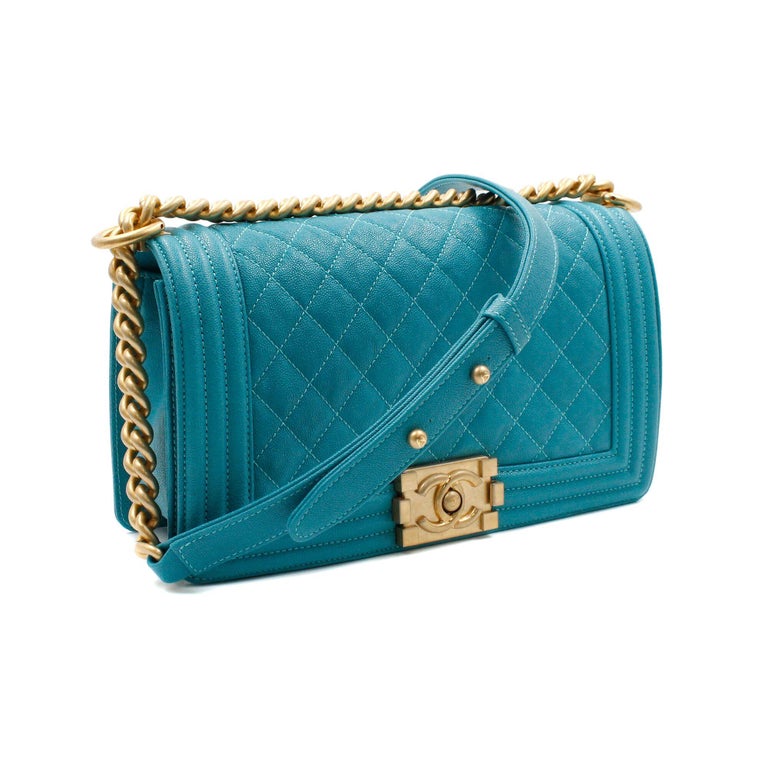 Chanel Medium Teal Turquoise Quilted Caviar Calf Skin Gold Tone Boy Bag  A67086