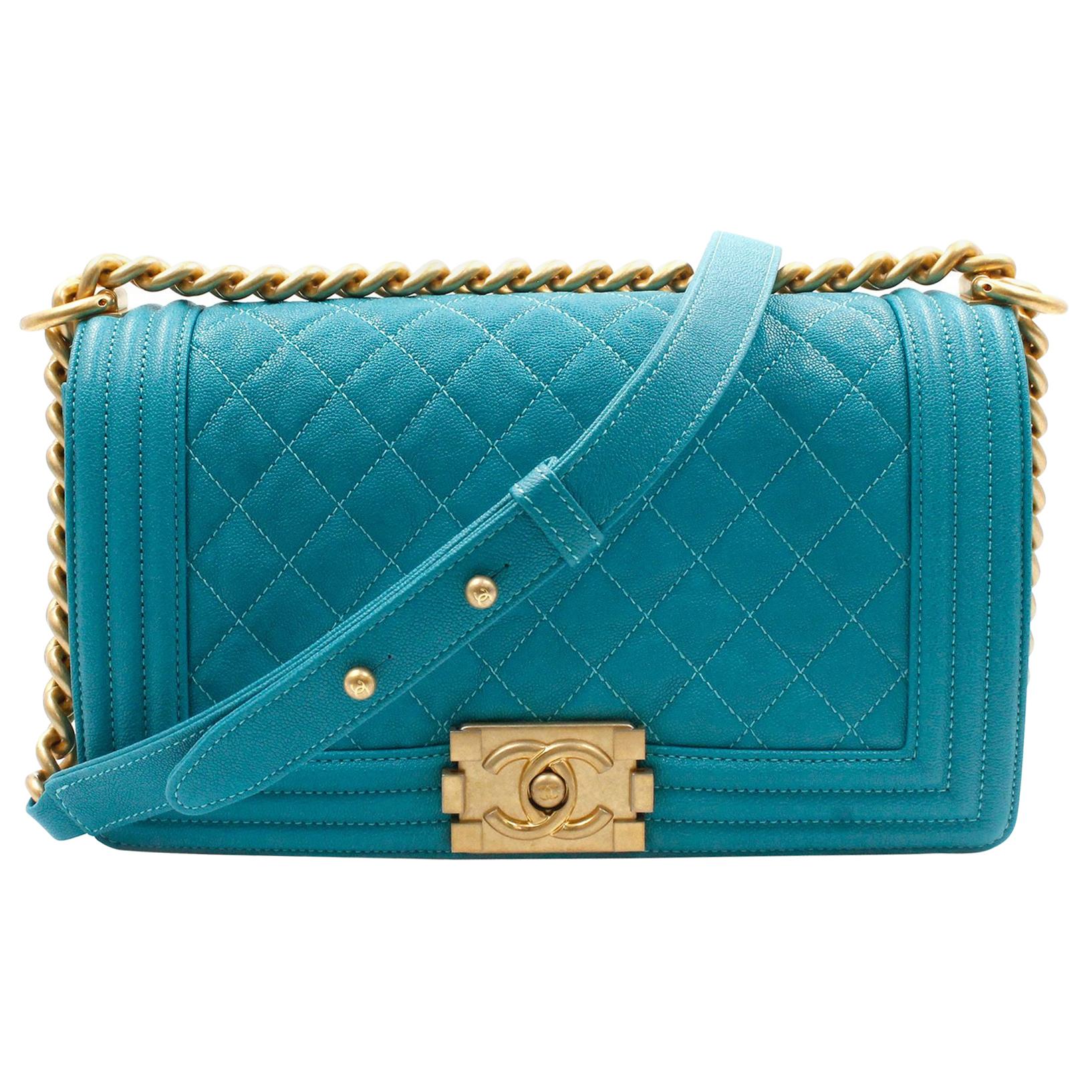 Chanel Medium Teal Turquoise Quilted Caviar Calf Skin Gold Tone Boy Bag A67086