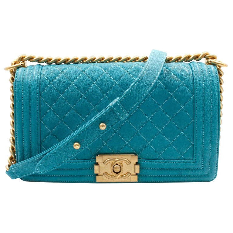 Chanel Medium Teal Turquoise Quilted Caviar Calf Skin Gold Tone Boy Bag  A67086 at 1stDibs