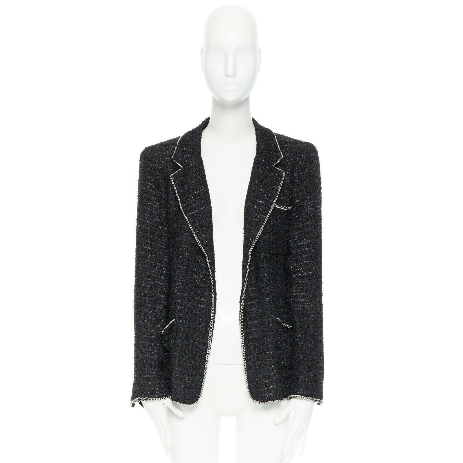 CHANEL MEN 06P schwarz Fantasie Tweed Lurex Silber Kette trimmen Abendessen Jacke FR46 M im Zustand „Hervorragend“ in Hong Kong, NT