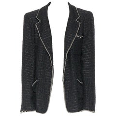 CHANEL MEN 06P schwarz Fantasie Tweed Lurex Silber Kette trimmen Abendessen Jacke FR46 M