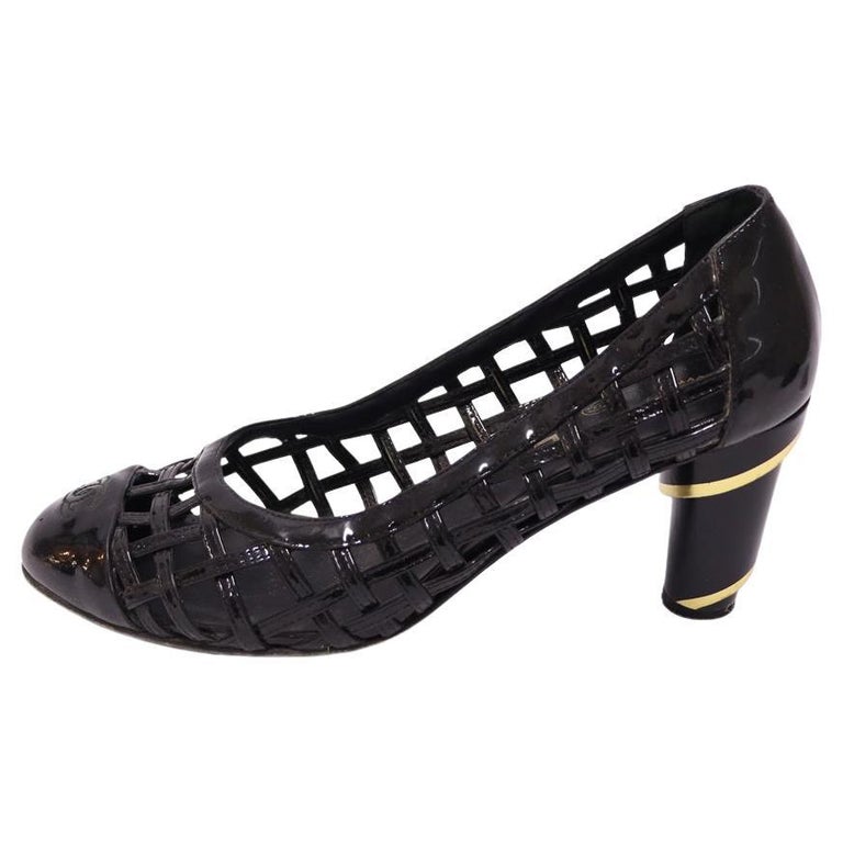 Chanel Mesh Black Patent Leather Block Pumps Size EU 37.5 For Sale at  1stDibs